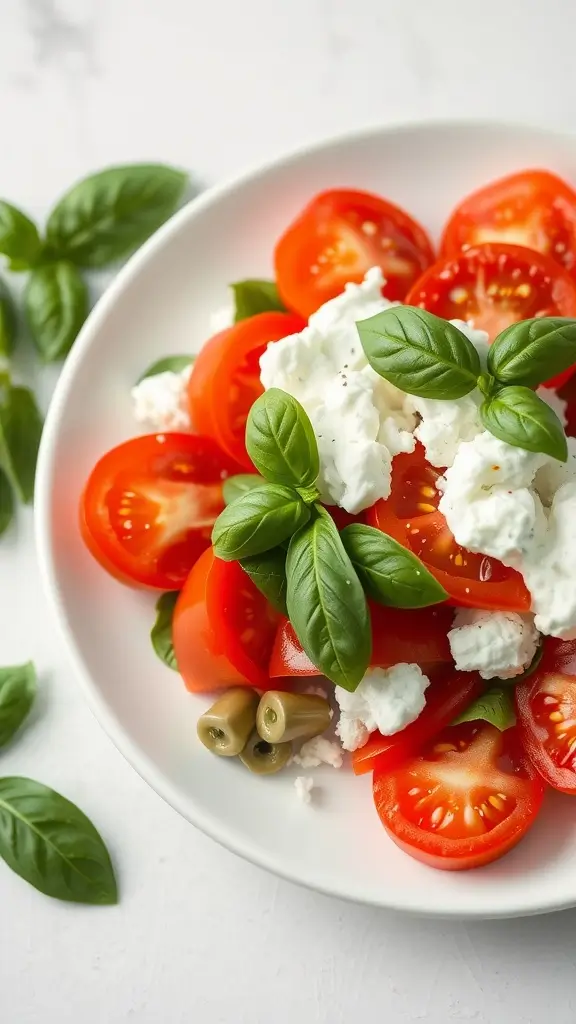 A fresh salad with cottage cheese, sliced tomatoes, basil leaves, and olives on a white plate.