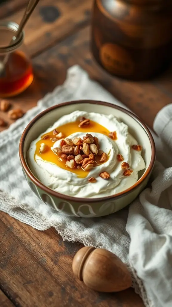 A delicious cottage cheese breakfast bowl topped with nuts, honey, and banana slices.