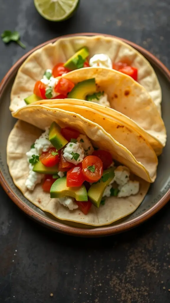 Delicious cottage cheese breakfast tacos filled with fresh vegetables and served with lime wedges.