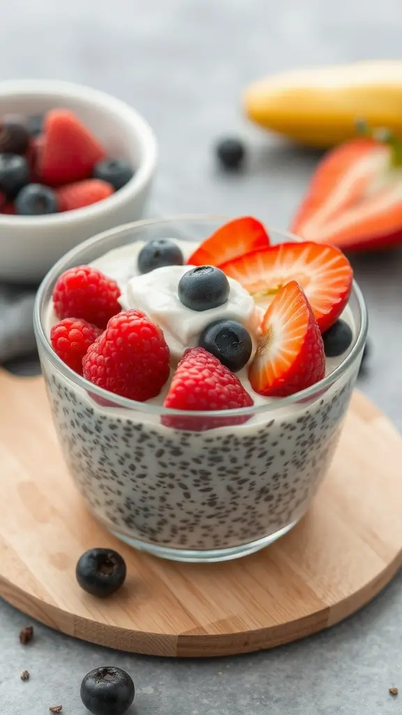 A delicious serving of cottage cheese chia seed pudding topped with fresh berries.
