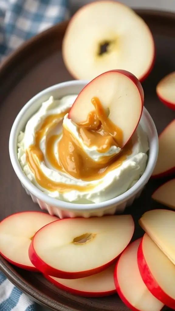 A bowl of cottage cheese nut butter dip with apple slices.