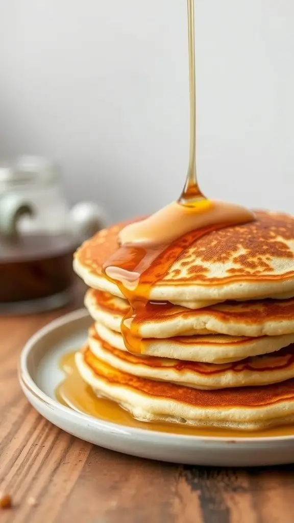 Stack of fluffy pancakes with syrup drizzle