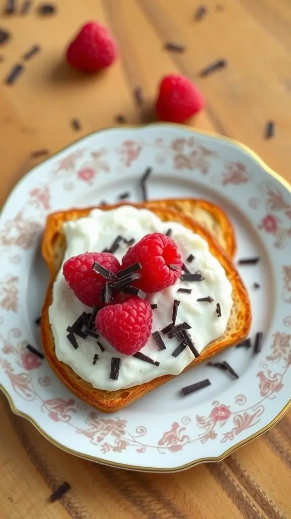 Cottage cheese toast topped with fresh raspberries and dark chocolate.