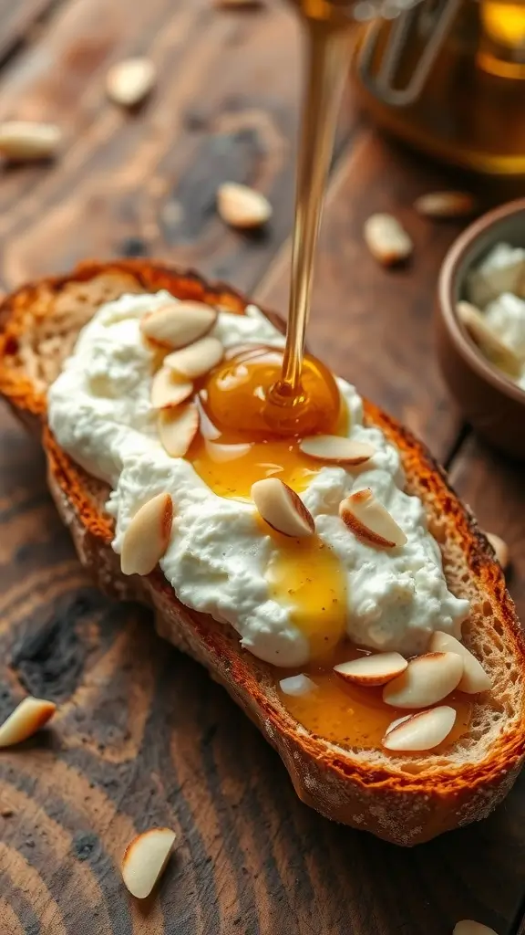 A slice of whole-grain toast topped with cottage cheese, honey, and sliced almonds.