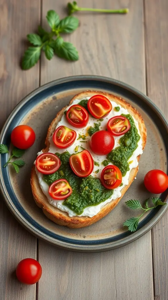 Cottage cheese toast topped with pesto and cherry tomatoes