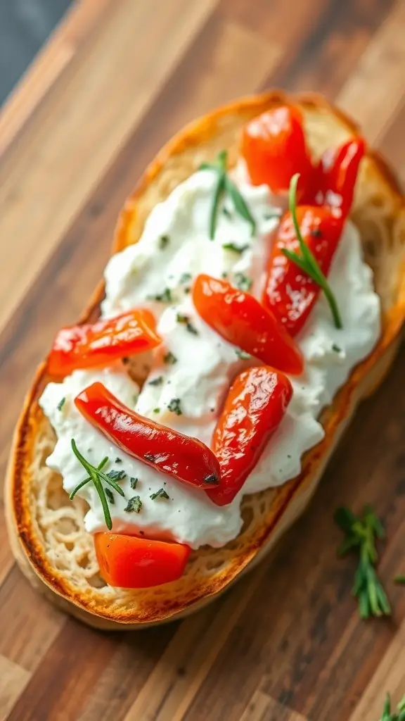 Cottage cheese toast topped with roasted red peppers