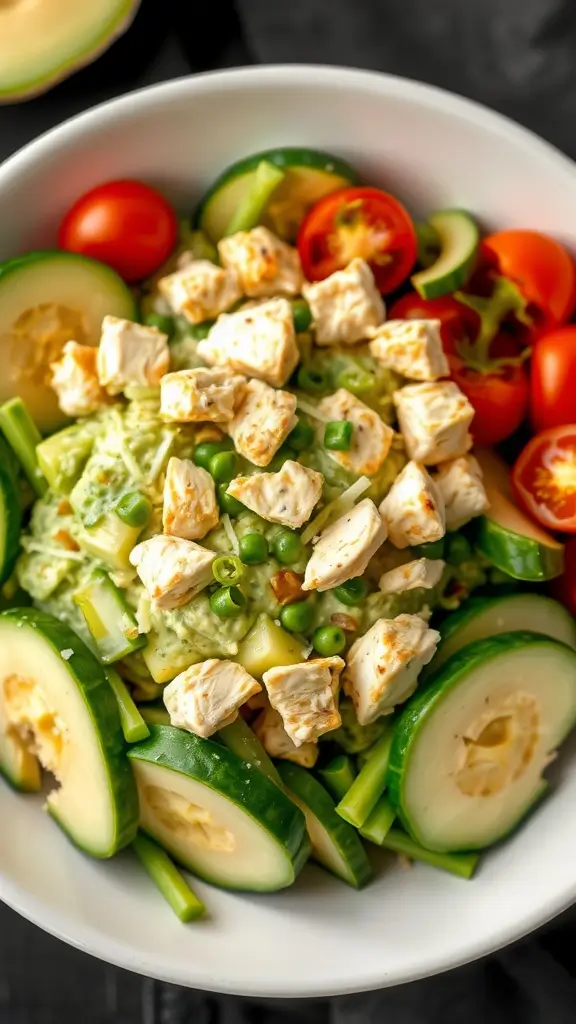 A bowl of creamy avocado chicken salad with diced chicken, cucumber, and cherry tomatoes.