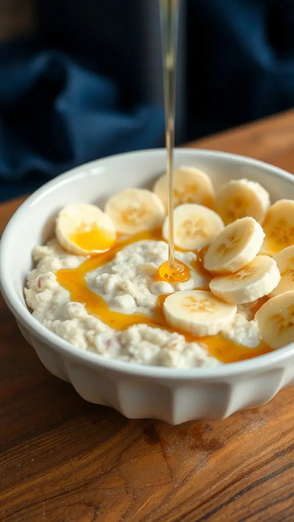 A bowl of creamy cottage cheese and banana oatmeal topped with sliced bananas and honey