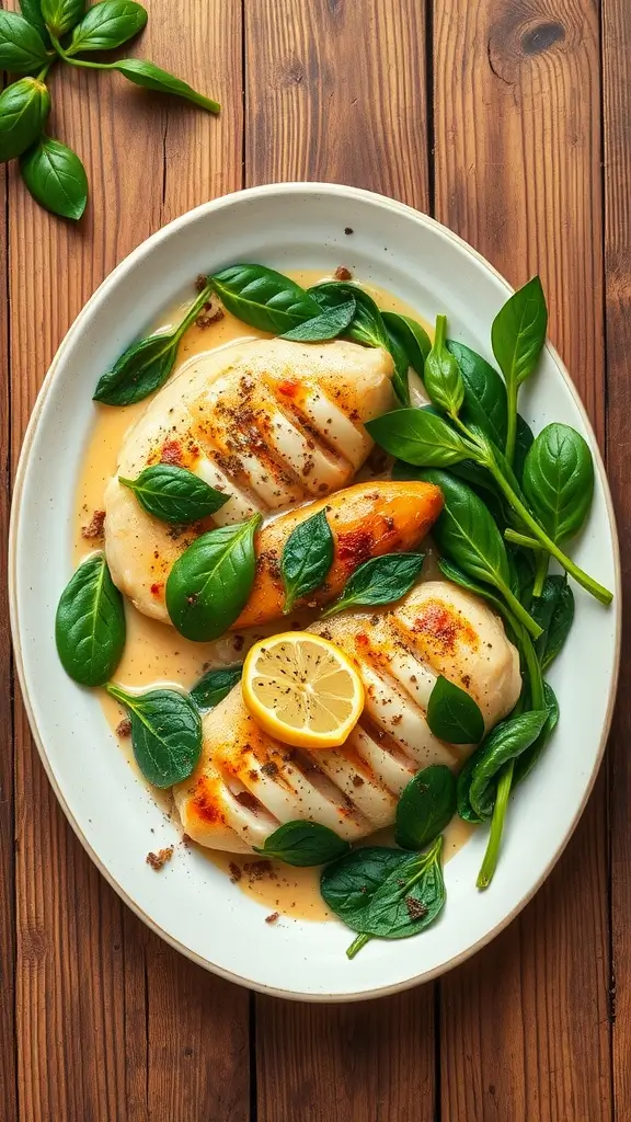 A plated dish of creamy garlic chicken served on a bed of spinach with herbs.