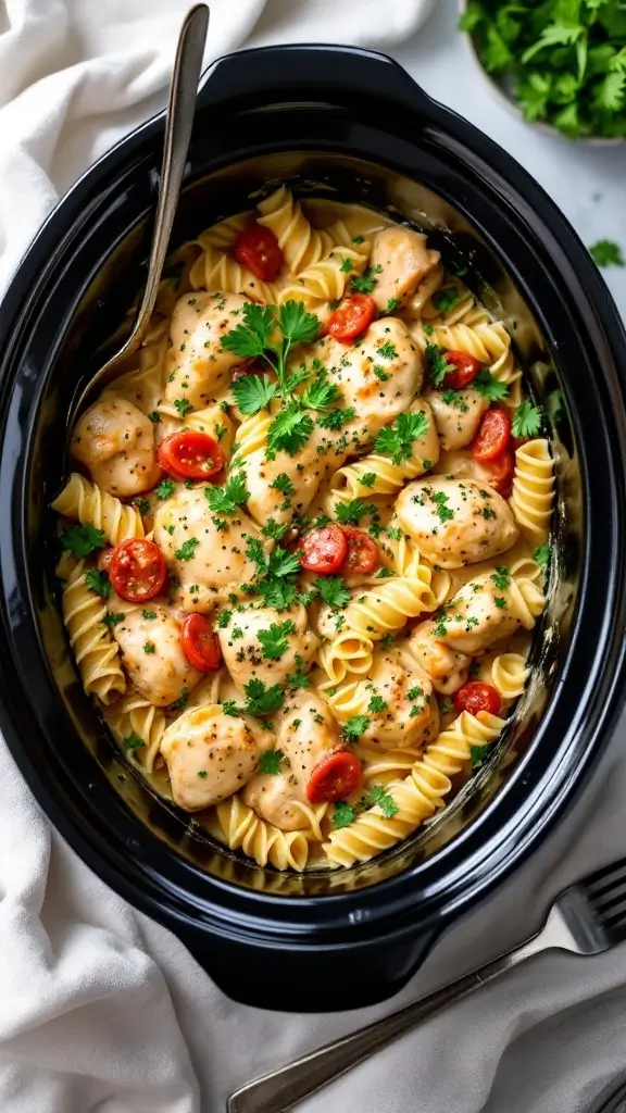 Creamy Italian chicken with pasta, cherry tomatoes, and parsley in a slow cooker.