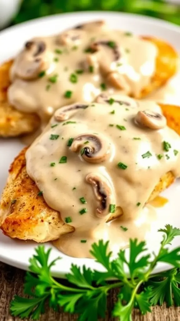 Creamy Mushroom Sauce Chicken served on a plate with garnish.