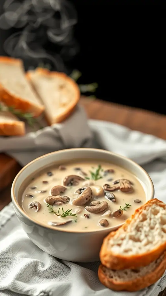 A bowl of creamy mushroom soup with sliced mushrooms on top and a piece of bread.