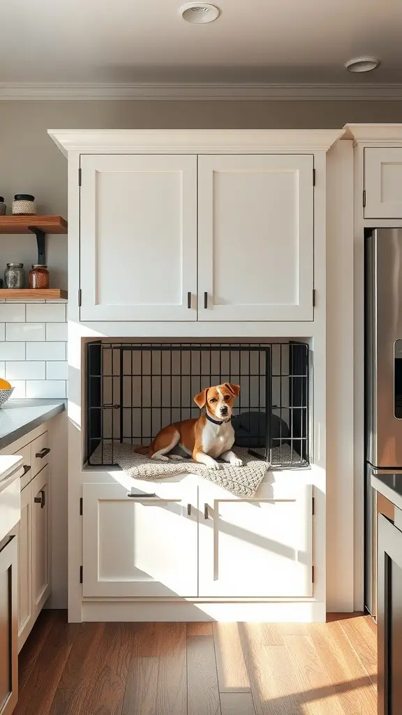 A cozy dog crate built into kitchen cabinetry with a dog resting inside
