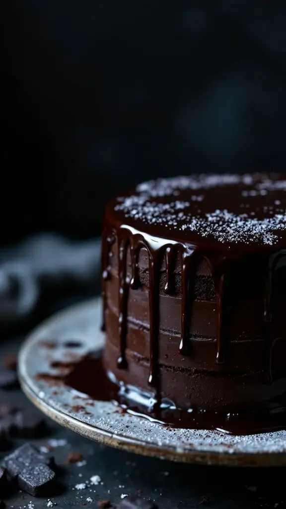 A rich dark chocolate ganache cake with a glossy finish