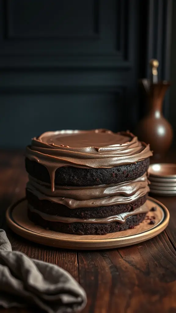 A beautifully layered chocolate cake with smooth chocolate frosting.