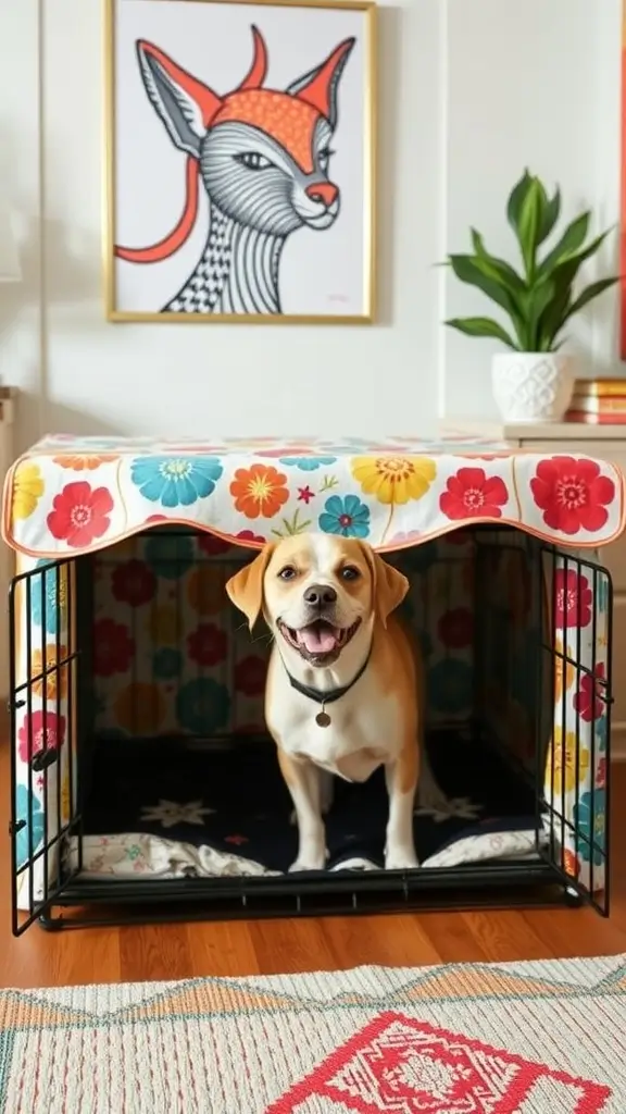 A dog happily peeking out from a fabric-covered crate with floral patterns