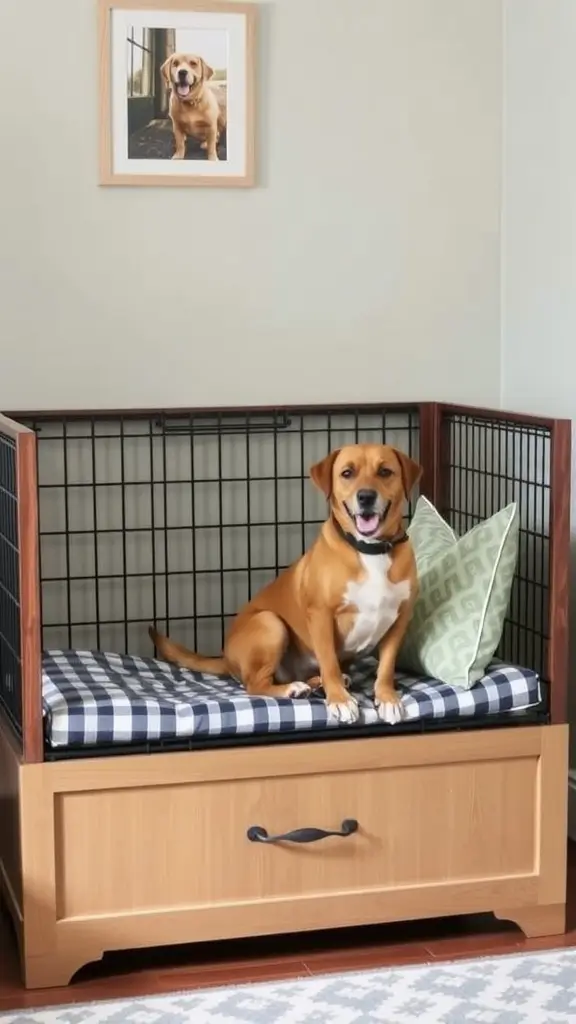 A cozy dog crate bench featuring a small dog resting on a cushioned surface with decorative pillows.