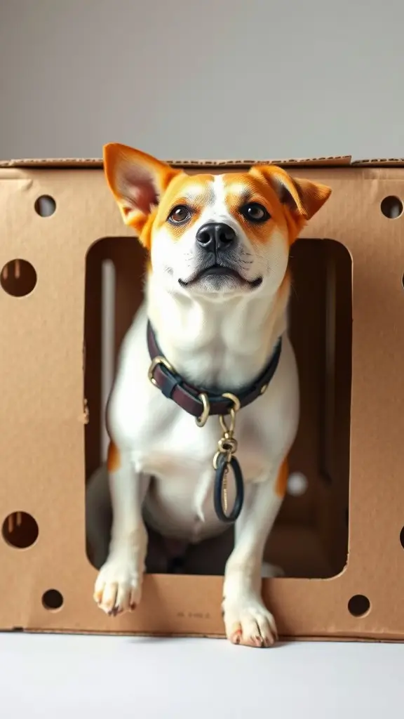 A small dog inside a cardboard crate with cut-out windows, looking curiously.