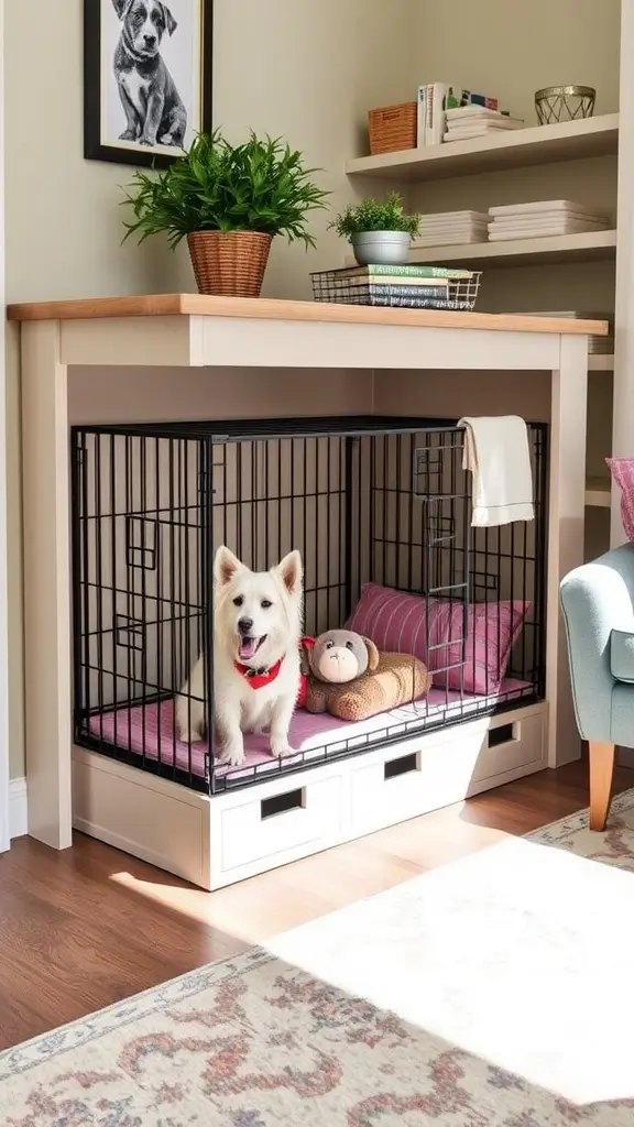 A stylish dog crate with built-in storage, featuring a dog sitting inside surrounded by colorful toys and organized shelves.