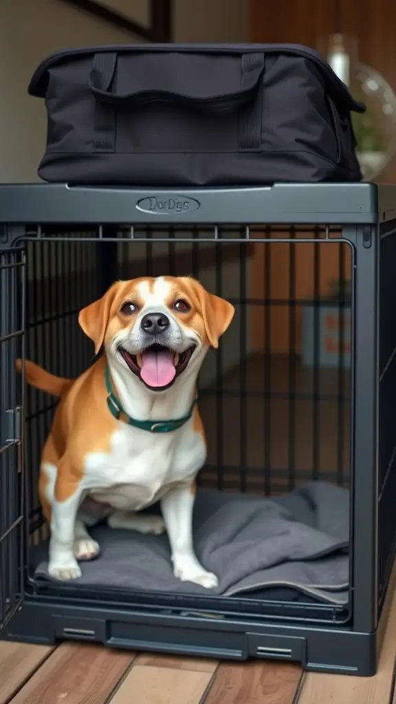 A happy dog sitting inside a dog crate with a removable top, featuring a soft blanket.