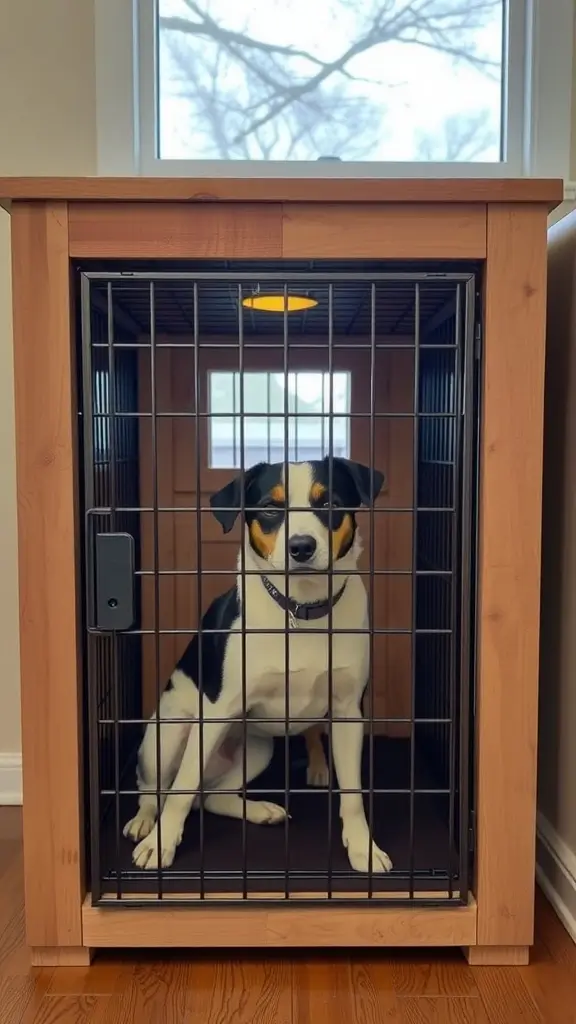 A dog sitting inside a crate with a viewing window, looking outside.