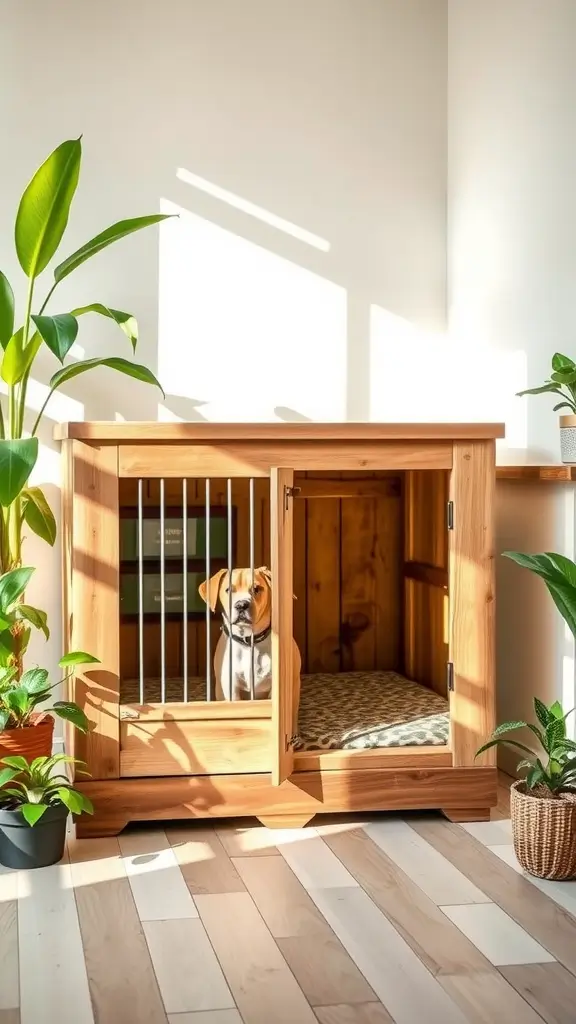 Eco-friendly dog crate made of reclaimed wood with a dog inside, surrounded by houseplants.