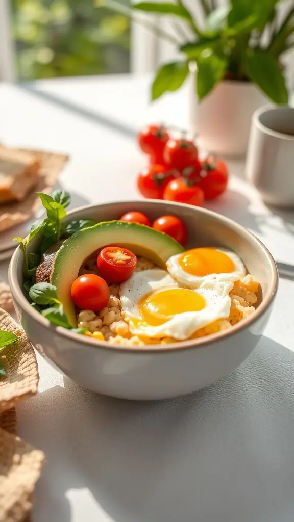 A healthy egg and avocado breakfast bowl with cherry tomatoes and fresh herbs.