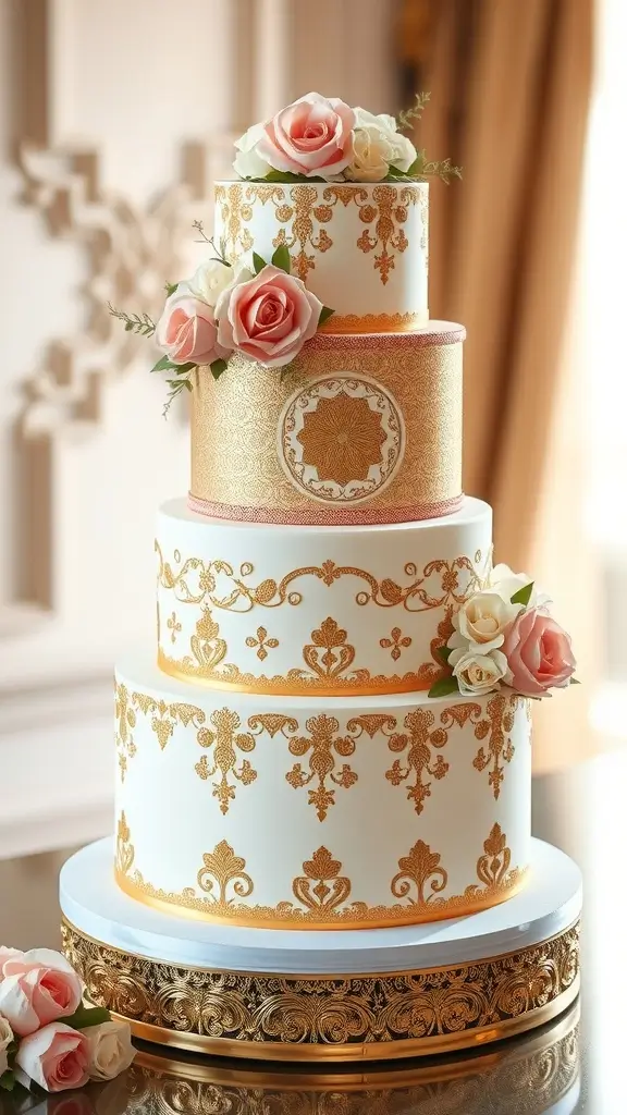 An elegant gold and white wedding cake decorated with flowers.