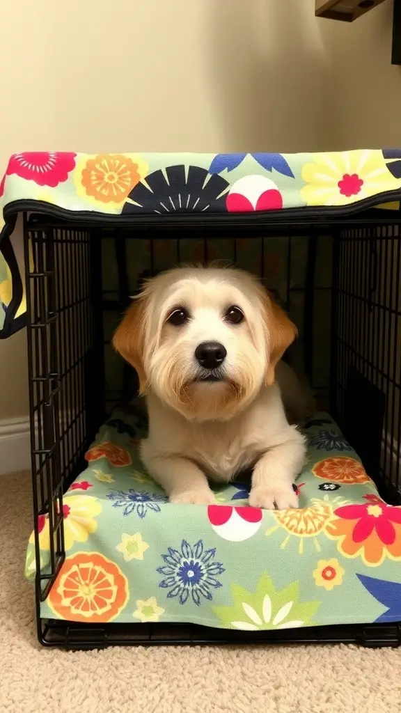 A beagle sitting inside a dog crate covered with colorful fabric.