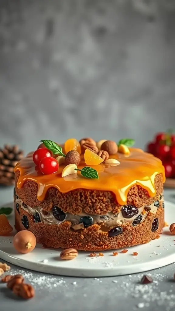 A festive golden fruit cake decorated with vibrant fruits and nuts