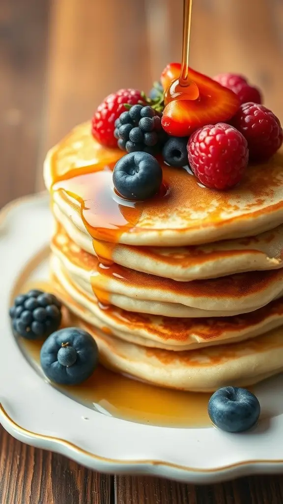 Fluffy buttermilk pancakes stacked with fresh berries and maple syrup