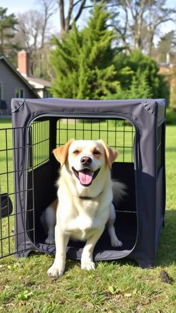 A happy dog inside a foldable black metal crate outdoors