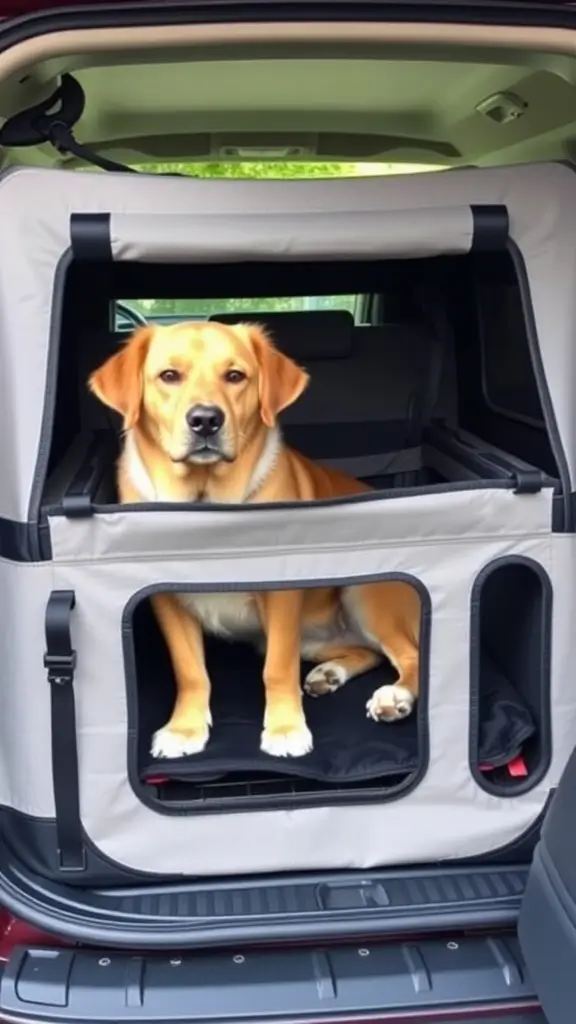 A dog in a folding crate inside a car, showcasing travel safety for pets.