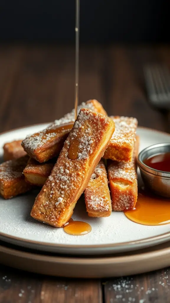 Delicious French toast sticks dusted with cinnamon sugar, served with syrup.