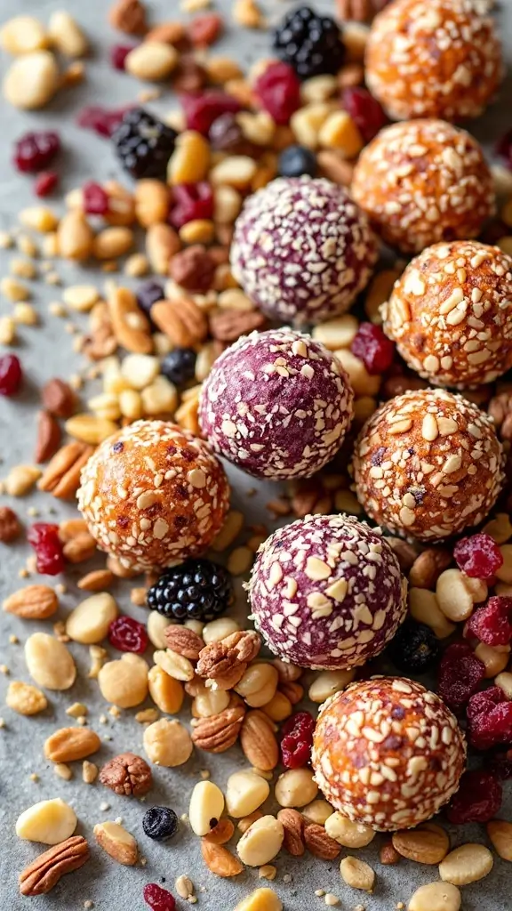 A variety of fruit and nut energy balls surrounded by mixed nuts and dried fruits.