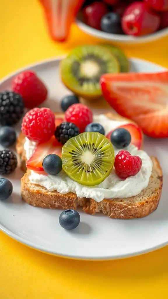 Fruit Medley Cottage Cheese Toast with various berries and kiwi on top