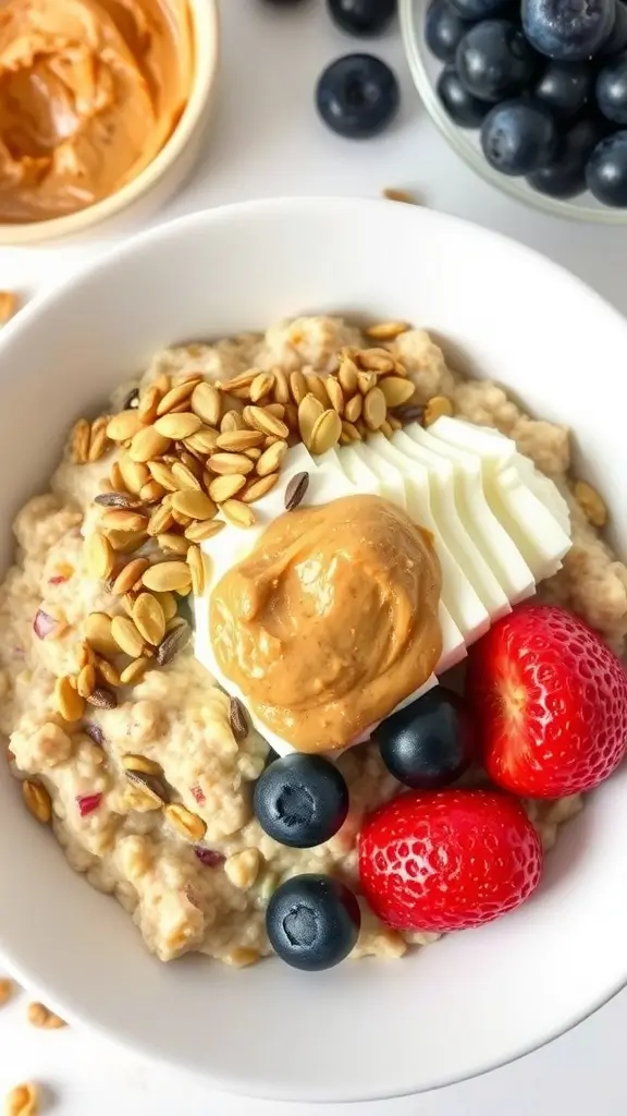 A bowl of cottage cheese oatmeal topped with fresh fruits and nut butter.