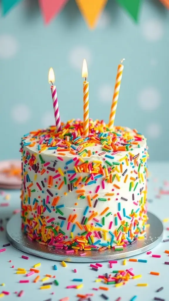 A colorful Funfetti cake decorated with sprinkles and birthday candles.