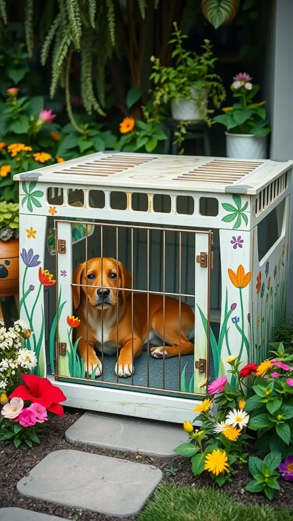 A garden-themed outdoor dog crate with flowers and a dog inside, surrounded by greenery.