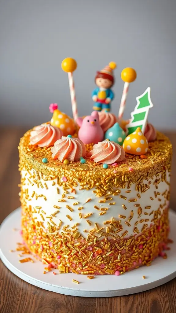 A beautifully decorated gold sprinkles cake