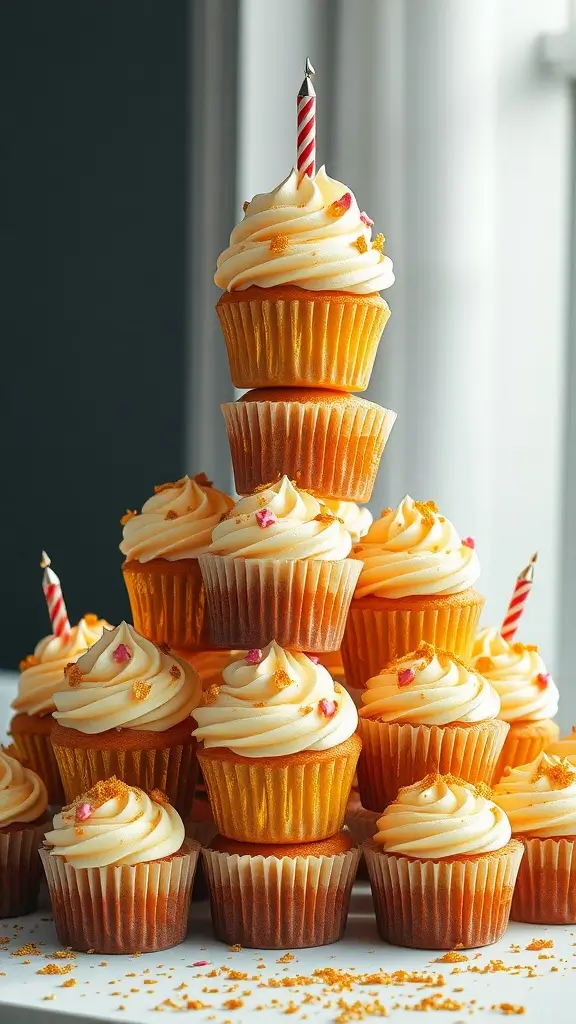 A vibrant tower of golden birthday cupcakes topped with swirls of creamy frosting and festive decorations.