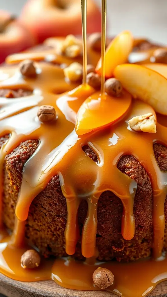 A moist and fluffy caramel apple cake drizzled with caramel sauce and garnished with pecans.