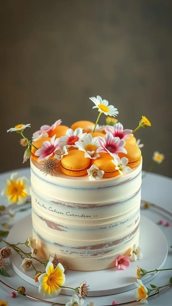 A beautifully decorated cake topped with macarons and flowers.