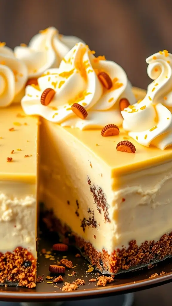 A delicious golden Oreo cheesecake topped with whipped cream and crushed Oreos.