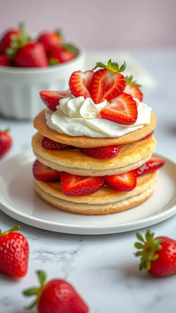 Delicious golden strawberry shortcake with layers of cake, whipped cream, and fresh strawberries.