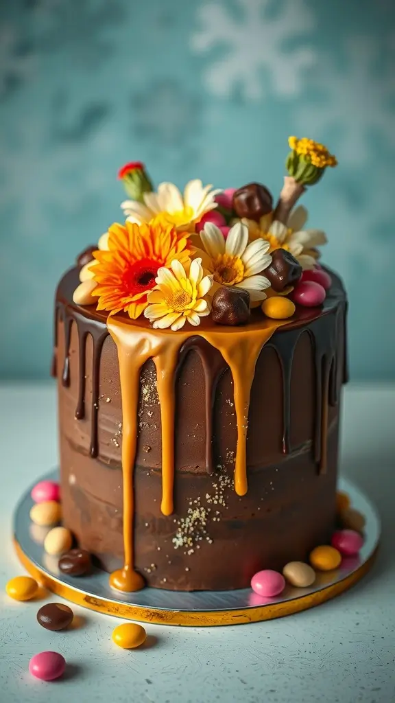Gorgeous Gold Drip Cake with chocolate ganache and colorful decorations