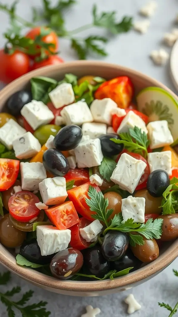 A colorful Greek salad featuring olives, feta cheese, and fresh vegetables.