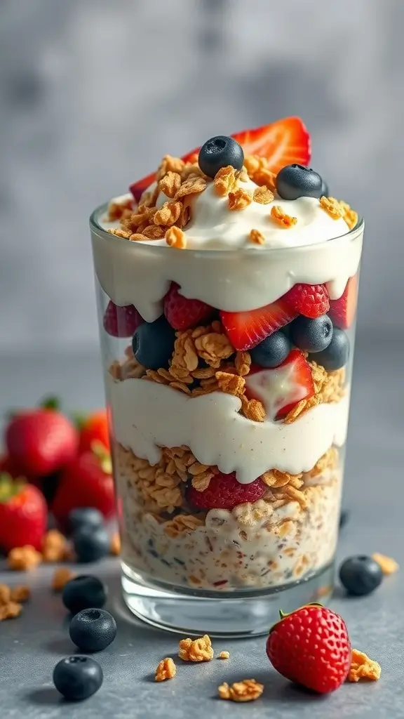A delicious Greek Yogurt and Cottage Cheese Oatmeal Parfait with berries and granola.
