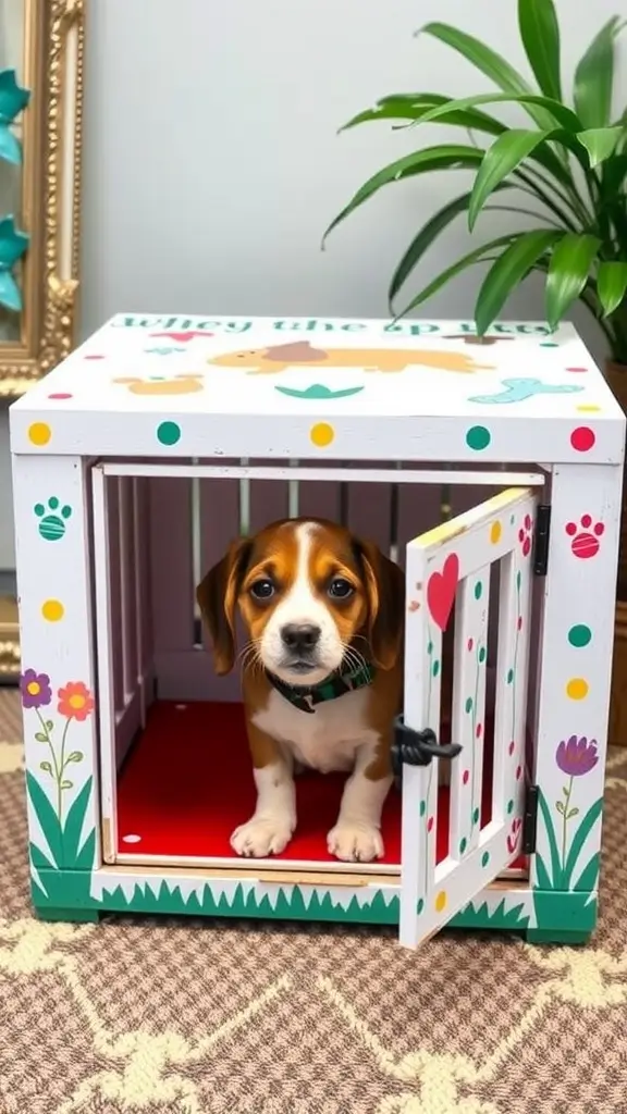 A hand-painted dog crate with a colorful design, featuring a calm dog inside.