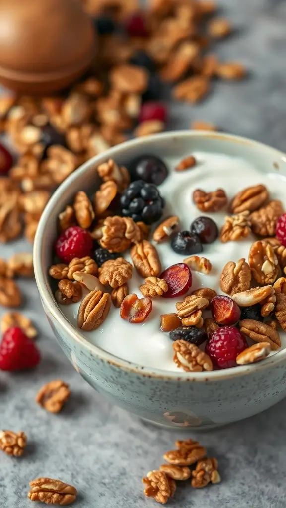 A bowl of homemade granola topped with nuts and dried fruits, served over yogurt.